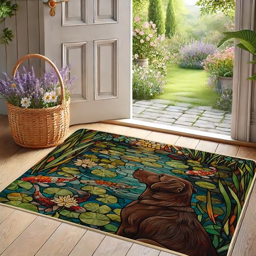 Von der Natur inspirierte Fußmatte, brauner Hund und Lilienteich-Design für Außen- und Inneneingang, Frühlingsdekoration, Gummi, wasserdicht, rutschfest, staubabsorbierend, leicht zu reinigen, 73,2 x von Generisch