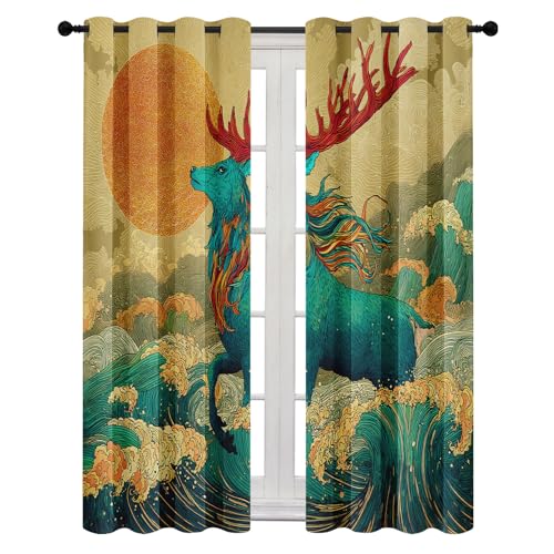 Vorhänge 3D Blau Elch Märchen, Retro Hirsch Geweih Vorhang Blickdicht mit Ösen Gardinen, Verdunklungsvorhänge Wärmeschutzvorhang, H160 x B140 cm (2er Set) für Schlafzimmer Wohnzimmer von Generisch