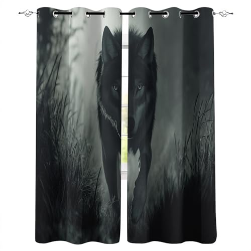 Vorhänge Blickdicht B140xH100 cm 3D Grasland Tiere Wälder Wölfe Muster Hitzeschutz Gardinen Verdunkelung Vorhang mit Ösen Polyester Schiebevorhänge für Schlafzimmer Wohnzimmer Kinderzimmer Deko von Generisch