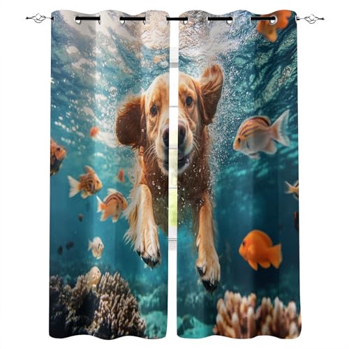 Vorhänge Blickdicht B140xH100 cm 3D Hund im Wasser Schwimmend Muster Hitzeschutz Gardinen Verdunkelung Vorhang mit Ösen Polyester Schiebevorhänge für Schlafzimmer Wohnzimmer Kinderzimmer Deko von Generisch