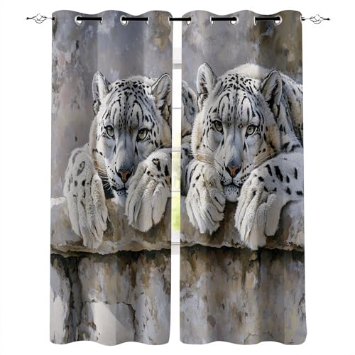 Vorhänge Blickdicht B140xH160 cm 3D Felsen Schneeleopard Tier Muster Hitzeschutz Gardinen Verdunkelung Vorhang mit Ösen Polyester Schiebevorhänge für Schlafzimmer Wohnzimmer Kinderzimmer Deko von Generisch