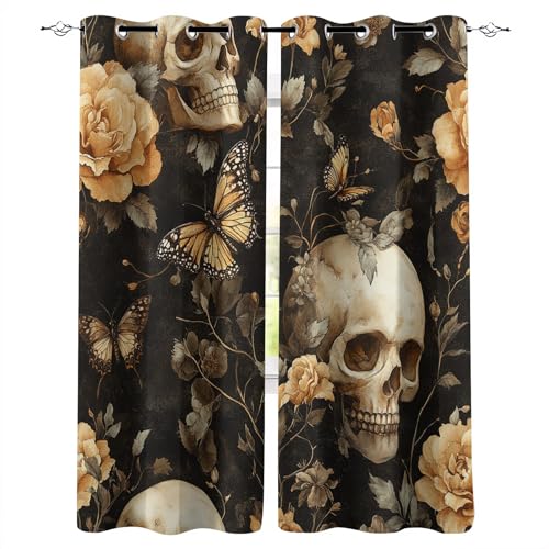 Vorhänge Blickdicht B140xH160 cm Totenkopf Rose Blumen Schmetterling Muster Hitzeschutz Gardinen Verdunkelung Vorhang mit Ösen Polyester Schiebevorhänge für Schlafzimmer Wohnzimmer Kinderzimmer Deko von Generisch