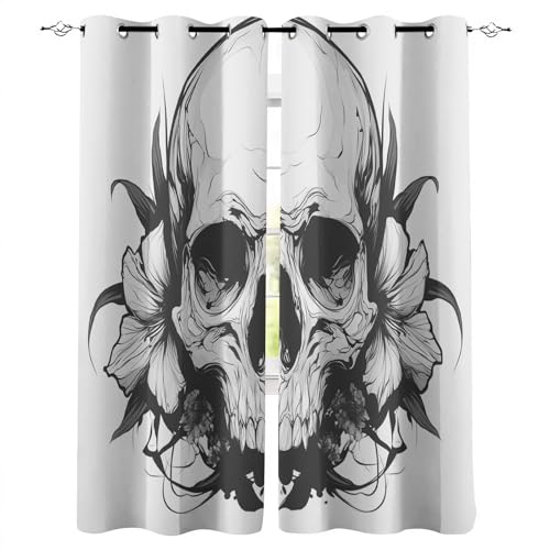 Vorhänge Blickdicht B140xH160 cm Totenkopf Rose Blumen Schmetterling Muster Hitzeschutz Gardinen Verdunkelung Vorhang mit Ösen Polyester Schiebevorhänge für Schlafzimmer Wohnzimmer Kinderzimmer Deko von Generisch