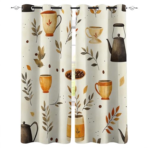 Vorhänge Blickdicht B200xH160 cm 3D Mode Kaffee Teekanne Blätter Muster Hitzeschutz Gardinen Verdunkelung Vorhang mit Ösen Polyester Schiebevorhänge für Schlafzimmer Wohnzimmer Kinderzimmer Deko von Generisch
