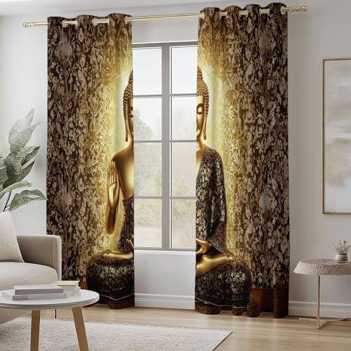 Vorhänge Blickdichte mit Ösen Gardinen, 2er Set Zen Buddha Religion Verdunkelungsvorhang Hellbraun Thermovorhang Ösenvorhang Schiebevorhänge für Schlafzimmer Wohnzimmer, 91.5 x 214 cm(B x H) von Generisch