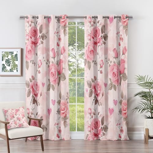 Vorhänge Blumen - Rosen Blumen Rosa Botanische Fenster Gardinen mit Ösen, Vorhang Blickdicht Verdunklungsvorhänge Thermovorhang für Wohnzimmer Schlafzimmer Deko 2er Set, H 166 x B 75 cm I#-49 von Generisch