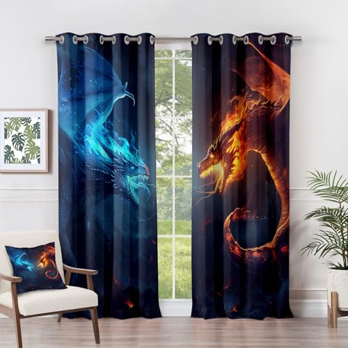 Vorhänge Drachen - EIS Feuer Fantastische Spiele Fenster Gardinen mit Ösen, Vorhang Blickdicht Verdunklungsvorhänge Thermovorhang für Wohnzimmer Schlafzimmer 2er Set, H 220 x B 140 cm F#-261 von Generisch
