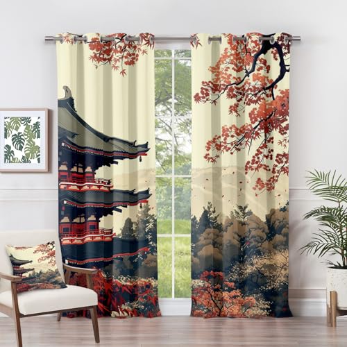 Vorhänge Japanische - Japan Herbstlandschaft Kirschblüten Fenster Gardinen mit Ösen, Vorhang Blickdicht Verdunklungsvorhänge Thermovorhang für Wohnzimmer Deko 2er Set, H 137 x B 117 cm K#-277 von Generisch