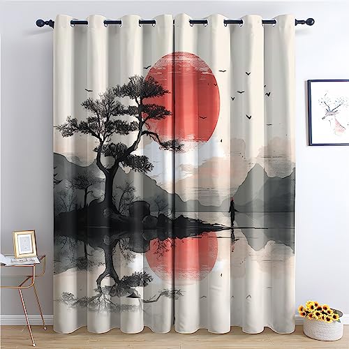 Vorhänge Japanischer Stil - Japanischer Stil Fenster Gardinen mit Ösen, Vorhang Blickdicht Verdunklungsvorhänge Thermovorhang für Wohnzimmer Schlafzimmer Deko 2er Set, H 160 x B 132 cm V-&267 von Generisch
