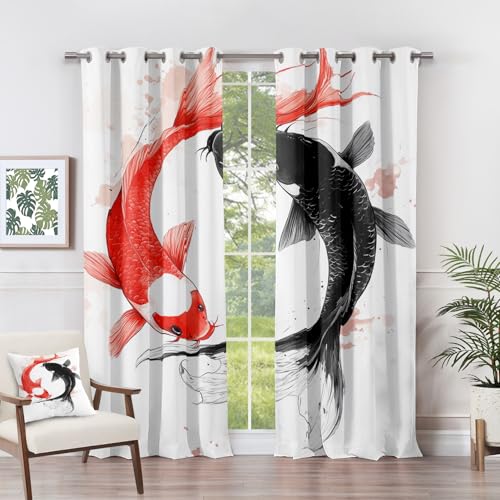 Vorhänge Koi Fisch - Yin Yang Zen Aquarell Fenster Gardinen mit Ösen, Vorhang Blickdicht Verdunklungsvorhänge Thermovorhang für Wohnzimmer Schlafzimmer Deko 2er Set, H 160 x B 140 cm P#-224 von Generisch