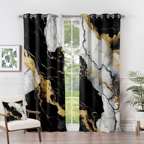 Vorhänge Marmor - Abstrakt Schwarz Weiß Gold Fenster Gardinen mit Ösen, Vorhang Blickdicht Verdunklungsvorhänge Thermovorhang für Wohnzimmer Schlafzimmer Deko 2er Set, H 137 x B 117 cm G#-178 von Generisch