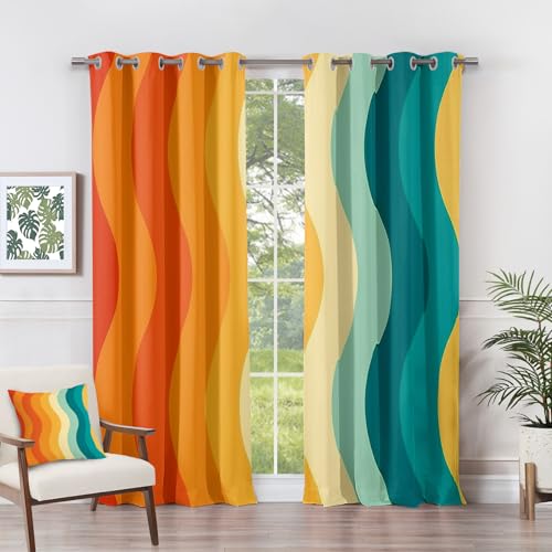 Vorhänge Retro - Boho Bunt Groovy 70er Jahre Fenster Gardinen mit Ösen, Vorhang Blickdicht Verdunklungsvorhänge Thermovorhang für Wohnzimmer Schlafzimmer Deko 2er Set, H 166 x B 75 cm J#-280 von Generisch