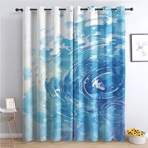 Vorhänge Wasserrippel - Blaue Aquarellfarben Fenster Gardinen mit Ösen, Vorhang Blickdicht Verdunklungsvorhänge Thermovorhang für Wohnzimmer Schlafzimmer Deko 2er Set, H 137 x B 117 cm G-#244 von Generisch
