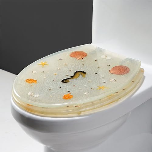WC-Sitz mit 3D-Effekten, echten Muscheln und Kies, Soft-Close-Deckel mit leisem Schließen, Edelstahl-Schnellverschluss-Scharniere, leicht zu reinigen von Generisch