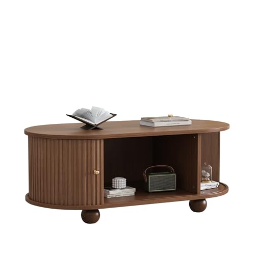 Walnuss Couchtisch mit Stauraum und Schiebetür, platzsparendes Holzfarben-Multifunktionsmöbel, Sofatisch mit 360-Grad-Schiebetür, mit 4 Beinen, 100 * 50 * 40 cm von Generisch