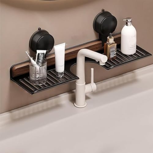 Walnuss-Regal für Badezimmer, Küche, Saugnapf-Regal, Wasserhahn-Organizer, Regal für Badezimmer, Wandmontage, ohne Bohren, Aufbewahrungsregal, Korb, Zubehör, abnehmbar (schwarz, 40 cm) von Generisch