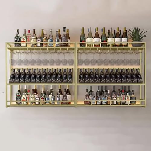 Wand-Weinregal aus Metall mit LED-Licht, Wandregale mit Weinglashalter, schwimmende Wandregale, Likörflaschen-Ausstellungsregal, Weinaufbewahrungsregale, für Küche, Weinkeller, Gold/Schwarz (Co von Generisch
