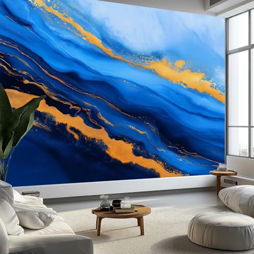 Wandbild Marmor Tusche Fototapete 450 x 315 cm (B x H), Abstrakte Blau Goldene Textur Tapeten Wandtapete, Wanddeko Tapete Design Wand Dekoration Vliestapete Wohnzimmer Schlafzimmer Büro von Generisch