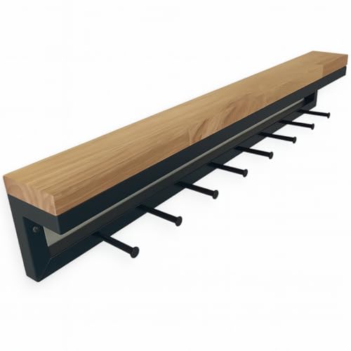 Wandgarderobe mit Ablage aus Holz & Metall – moderne Flurgarderobe Eiche - schwarze Garderobenleiste mit 8 Kleiderhaken - Garderobe Wandmontage - platzsparendes Garderobenpaneel für Flur & Diele von Generisch