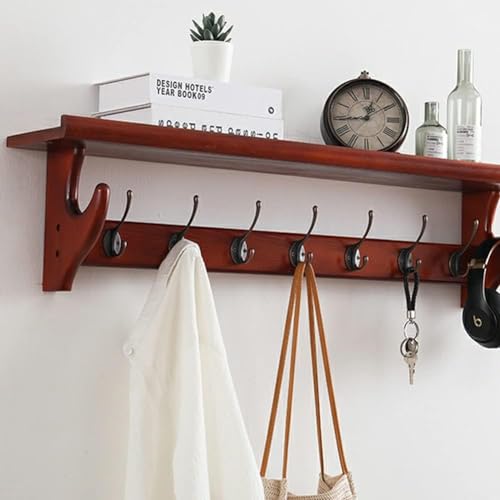 Wandhaken aus Holz mit Ablage – stilvolle Wandgarderobe für Eingangsbereich, Badezimmer, Wohnzimmer & Schlafzimmer (Größe: 69,5 x 16,5 x 22 cm, Farbe: Braun) – langlebige und platzsparende von Generisch