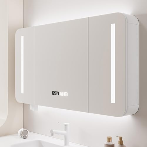 Wandmontierter Apothekerschrank mit Touch-Steuerung, Anti-Beschlag-Spiegel, Massivholz, Badezimmer-Aufbewahrung, Temperaturanzeige, 3 farbige Lichter (weiß), 90 x 13 x 70 cm von Generisch