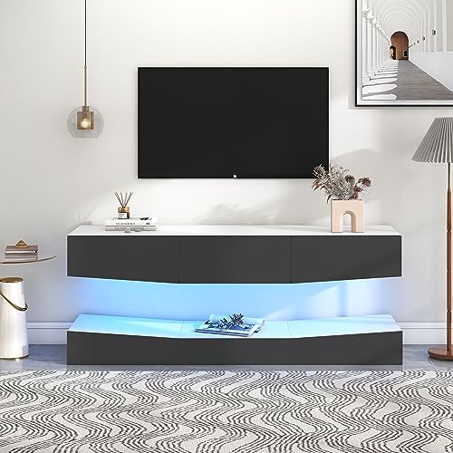Wandmontierter TV-Ständer mit LED-Beleuchtung, 180 x 40 x 19 + 15 cm, schwimmendes Entertainment-Center, glänzendes weißes Finish, modernes Design für Wohnzimmer und Schlafzimmer von Generisch