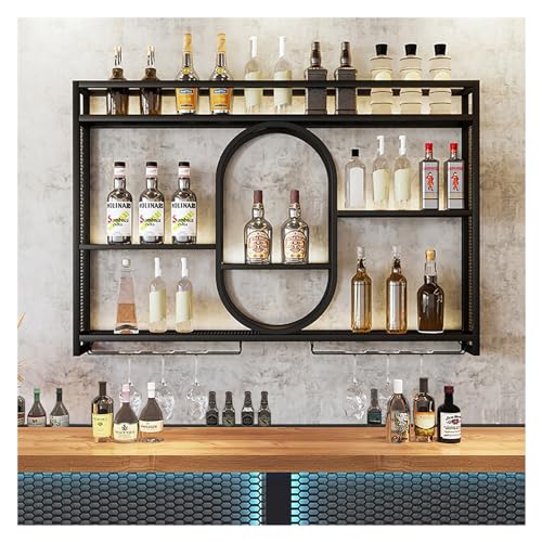 Wandmontiertes Metall-Weinregal mit LED-Licht, Likörregal und Weinglashalter, stilvolle Weinaufbewahrung für Küche, Wohnzimmer und Café-Dekor (Schwarz, 120 x) von Generisch