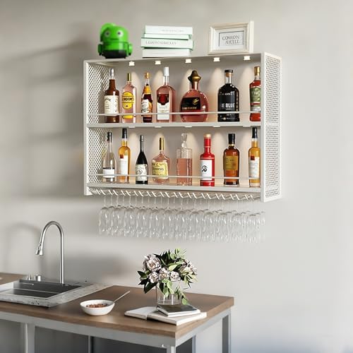 Wandmontiertes Weinregal, Metall-Likörregal mit Glashalter, schwimmendes Barregal mit Stielgläser-Regalen für Küche, Wohnzimmer, Esszimmer Wandmontiertes Weinregal, Metall-Likörregal mit Glashalter, schwimmendes Barregal mit Stielgläser-Regalen für Küche, Wohnzimmer, Esszimmer von Generisch