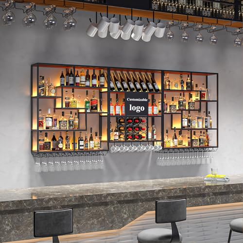 Wandmontiertes Weinregal, multifunktionales Metall-Barregal mit LED-Licht, Likörflaschen-Display und Weinglashalter für Küche, großes schwimmendes Design von Generisch