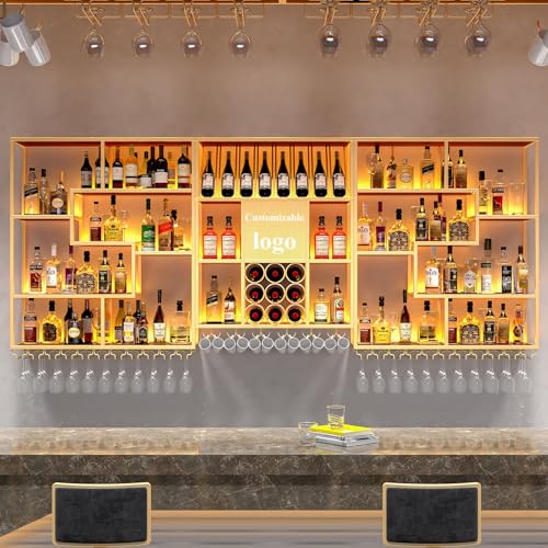 Wandmontiertes Weinregal, multifunktionales Metall-Barregal mit LED-Licht, Likörflaschen-Display und Weinglashalter für Küche, großes schwimmendes Design Wandmontiertes Weinregal, multifunktionales Metall-Barregal mit LED-Licht, Likörflaschen-Display und Weinglashalter für Küche, großes schwimmendes Design von Generisch