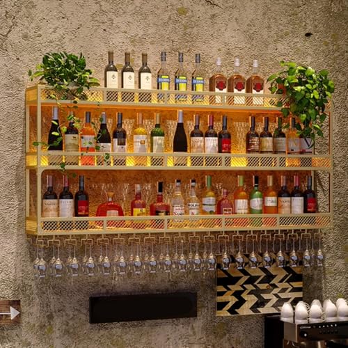 Wandmontiertes Weinregal aus Metall mit LED-Beleuchtung, 3-stöckiges Likör-Display für Zuhause, Bar und Küche von Generisch