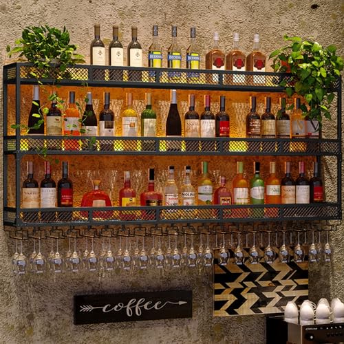 Wandmontiertes Weinregal aus Metall mit hängendem Glashalter, LED-Licht und schwebendem Regal, Likörflaschen-Display für Zuhause, Bar oder Café. Wandmontiertes Weinregal aus Metall mit hängendem Glashalter, LED-Licht und schwebendem Regal, Likörflaschen-Display für Zuhause, Bar oder Café. von Generisch
