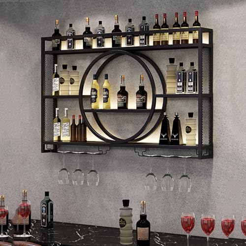 Wandmontiertes Weinregal mit Glashalter, Eisen-Barregal für Likörflaschen, schwebende Wandregale, stilvolle Metall-Aufbewahrungsregale mit LED-Lichtern für Küche, Wohnzimmer, Schwarz/Gold (Schwarz von Generisch