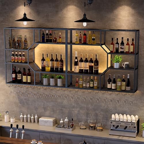Wandmontiertes Weinregal mit Glashalter – Eisen-Spirituosenregal zur Präsentation von Likörflaschen mit LED-Licht – Weinregal aus Metall für Küche und Weinkeller von Generisch