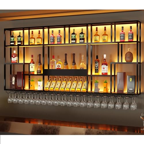 Wandmontiertes Weinregal mit LED-Licht und Glashalter, großes Fassungsvermögen, Metall-Hängeregal für Likör- und Weinflaschen, modernes Design für Bartheke Wandmontiertes Weinregal mit LED-Licht und Glashalter, großes Fassungsvermögen, Metall-Hängeregal für Likör- und Weinflaschen, modernes Design für Bartheke von Generisch