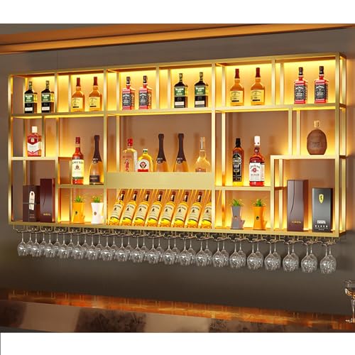 Wandmontiertes Weinregal mit LED-Licht und Glashalter, großes Fassungsvermögen, Metall-Hängeregal für Likör- und Weinflaschen, modernes Design für Bartheke von Generisch