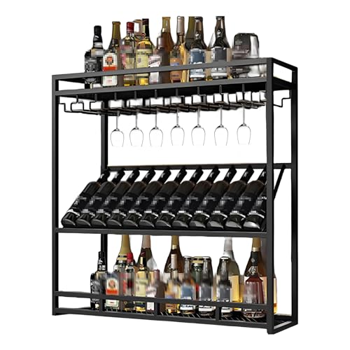 Wandmontiertes Weinregal mit LED-Licht und Weinglashalter, industrielles 3-stöckiges Metall-Barregal für Zuhause, Bar, Dekoration (schwarz, 120 cm) von Generisch