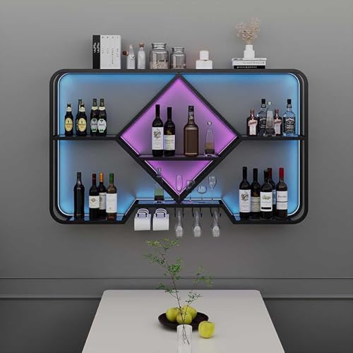 Wandmontiertes Weinregal mit LED-Lichtern – moderne schwebende Regale für Weinglas und Flaschen, verschönert die Heimdekoration von Generisch
