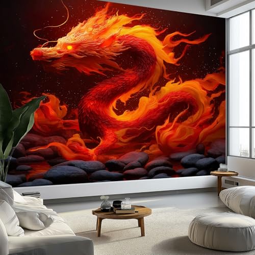 Wandtapete Flammen Orientalischer Drache Fototapete, Fantasie Stil Vliestapete Bild Dekoration Wand-Dekor, 350 x 256 cm (B x H) Tapete Panorama Poster für Mädchen, Jungs Schlafzimmer Wohnzimmer von Generisch