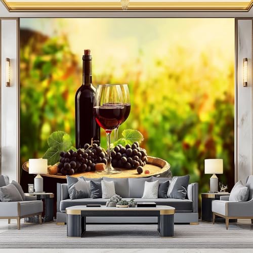 Wandtapete Fototapete Elegant Bauernhof Weinglas Trauben, Dekoratives Wandbild aus Vliestapete 350 x 256 cm (B x H) - Grün Panorama-Poster Wandbild Tapete von Generisch