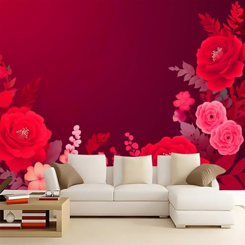 Wandtapete Fototapete Minimalismus Linien Blumen, Dekoratives Wandbild aus Vliestapete 350 x 256 cm (B x H) - Dunkelrot Panorama-Poster Wandbild Tapete von Generisch