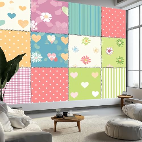Wandtapete Karierte Blumen Streifen Fototapete, Künstlerisches Design Vliestapete Bild Dekoration Wand-Dekor, 400 x 280 cm (B x H) Tapete Panorama Poster für Mädchen, Jungs Schlafzimmer Wohnzimmer von Generisch