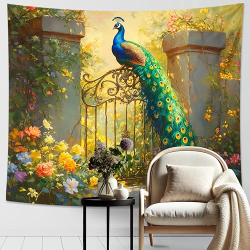 Wandteppich mit Pfau und Blumen, farbenfroher Natur-Wandbehang für Heimdekoration, lebendige Frühlingsästhetik für Wohnzimmer, Schlafzimmer, Büro, 152,4 x 127,7 cm Wandteppich mit Pfau und Blumen, farbenfroher Natur-Wandbehang für Heimdekoration, lebendige Frühlingsästhetik für Wohnzimmer, Schlafzimmer, Büro, 152,4 x 127,7 cm von Generisch