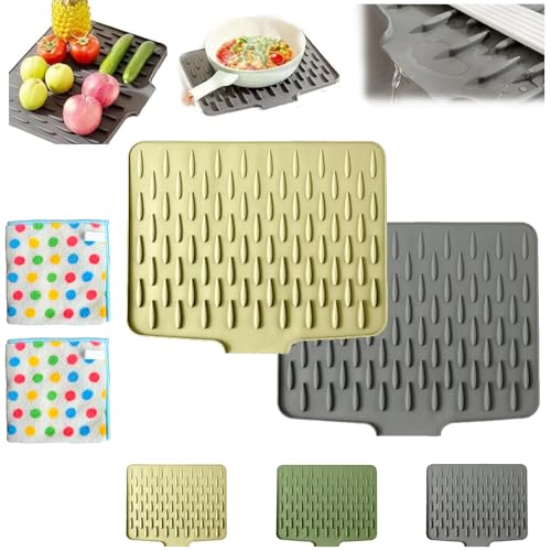 Wanishauber Abtropfmatte, Hitzebeständige/Rutschfeste/Auslaufsicherer Arbeitsplattenschutz aus Silikon mit Geneigter Wasserumleitung Design für Küchenspüle (Gelb+Grau, S: 32 x 25 cm) von Generisch