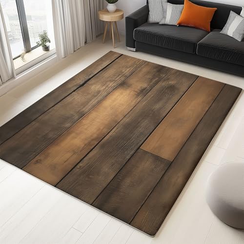 Warmes Gelb Teppich Rustikaler Stil Holzstruktur Flanell Flauschiger Rutschfester Teppich, Waschbarer Weich Kurzflor Fußmatten für Schlafzimmer Wohnzimmer Kinderzimmer Dekor 140 x 200 cm von Generisch