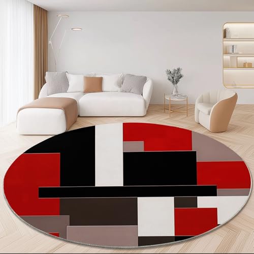 Waschbar Runder Teppich 100 cm, Rot Schwarz Weich Kurzflor Runde Teppiche für Schlafzimmer Eingang Schmücken - Modern Minimalismus Geometrie Farbblöcke Muster rutschfest Pflegeleicht Teppich von Generisch