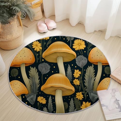 Waschbar Runder Teppich 150 cm, Schwarz Gelb Weich Kurzflor Runde Teppiche für Schlafzimmer Eingang Schmücken - Natur Pflanzen Pilze Muster rutschfest Pflegeleicht Teppich Waschbar Runder Teppich 150 cm, Schwarz Gelb Weich Kurzflor Runde Teppiche für Schlafzimmer Eingang Schmücken - Natur Pflanzen Pilze Muster rutschfest Pflegeleicht Teppich von Generisch