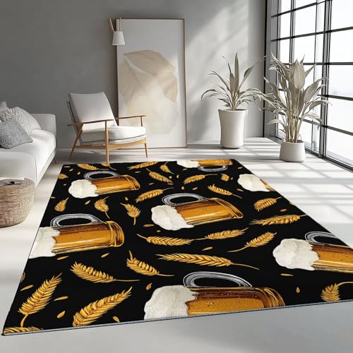Waschbar Wohnzimmer Teppich 60 x 110 cm, Modern Schlafzimmerteppich rutschfest Kurzflor Weizenähren Bierkrug Bedruckter Teppich Geeignet für Küche Esszimmer Gelb von Generisch
