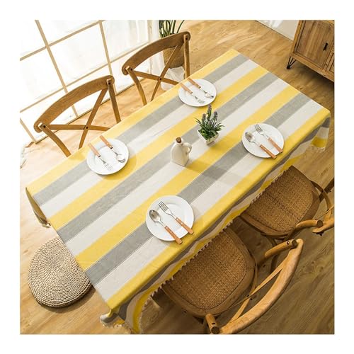 Waschbare, rechteckige Tischdecke, 100 x 140 cm, stilvolle gestreifte Polyester-Tischdecke mit Quasten, für Café, Restaurant und Buffet, Dekoration, Gelb und Grau von Generisch