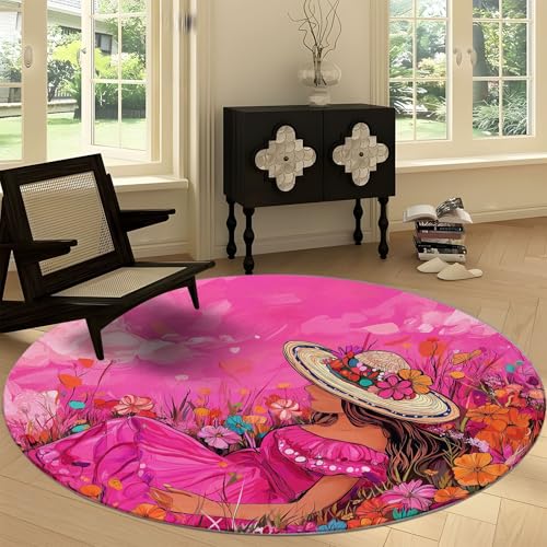 Waschbare 180 cm Runde Teppiche Kunststil, Niedlich Mädchen Blumenfeld Rutschfester Runder Läufer für das Wohnzimmer - Weicher Niedrigfloriger Teppich für unter den Esstisch Waschbare 180 cm Runde Teppiche Kunststil, Niedlich Mädchen Blumenfeld Rutschfester Runder Läufer für das Wohnzimmer - Weicher Niedrigfloriger Teppich für unter den Esstisch von Generisch